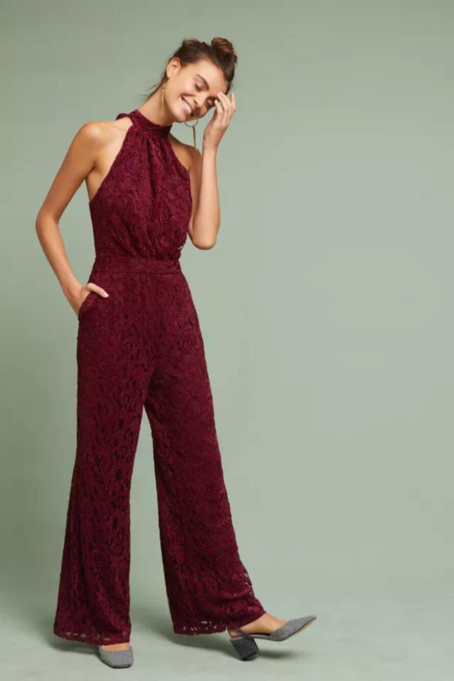 Anthropologie ETT:WA Aida Halter Lace Jumpsuit in burgundy/wine.